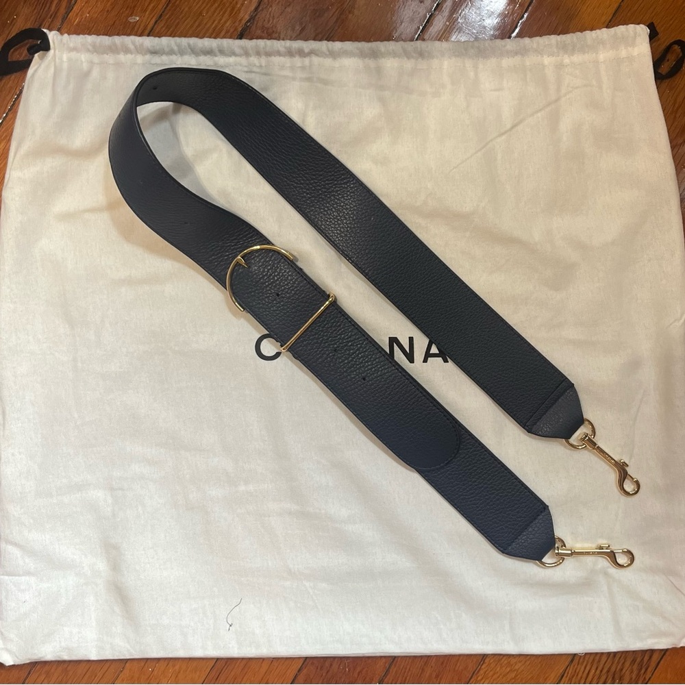 Cuyana Navy Leather Adjustable Bag Strap with Gold Hardware